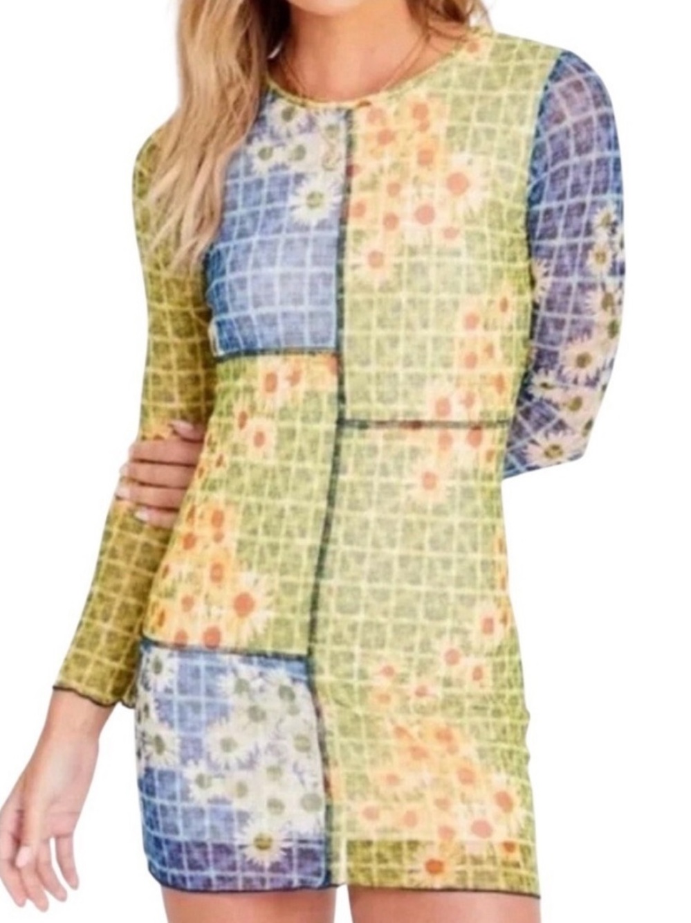 Altar’d State Long Sleeve SunflowerPatchwork Floral Mini Dress Size Medium